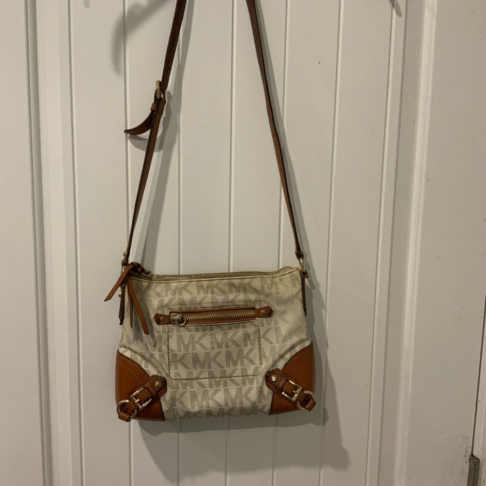 Michael Kors Cream and Tan Crossbody Bag with Adjustable Strap and Gold Hardware